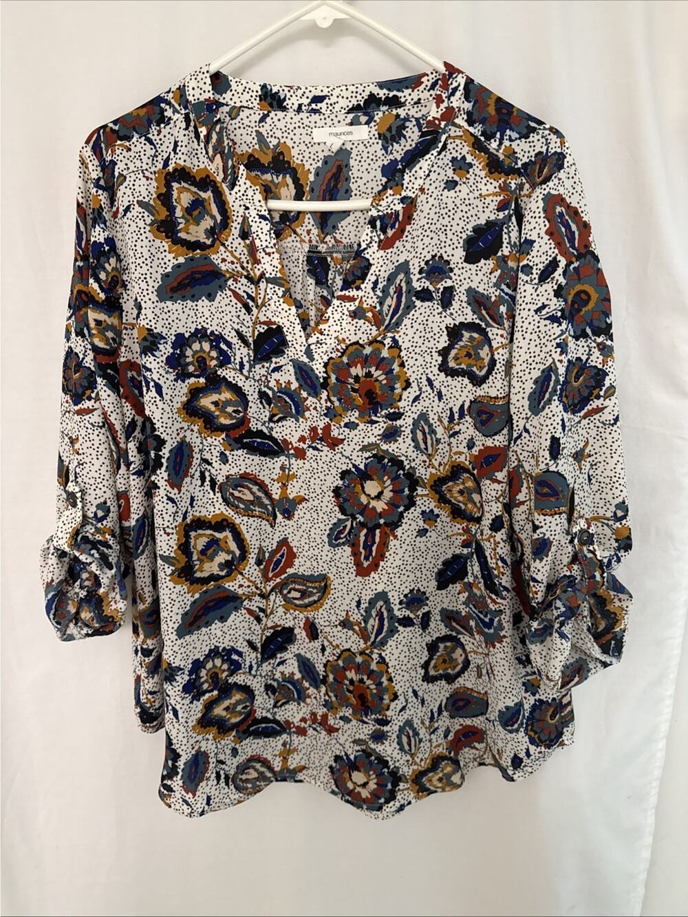 Maurice's Blouse Polka Dot White Blue Floral Print 3/4 Roll Tab Sleeve Size L